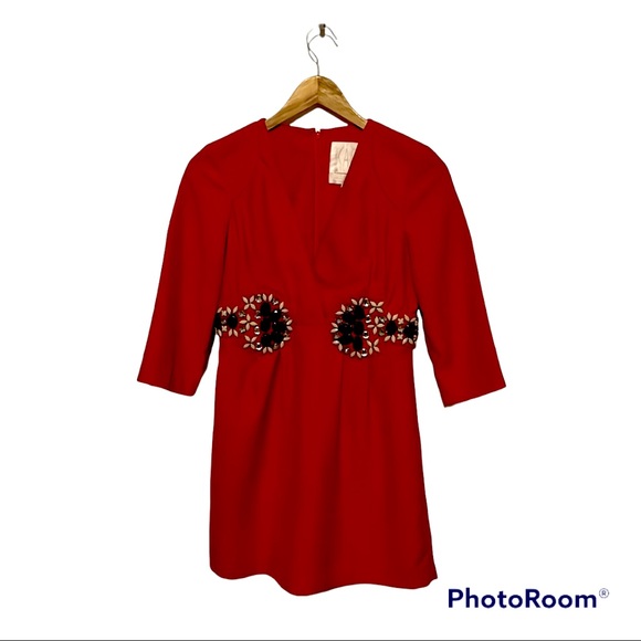 Red Embellished Deep V Neck Shift Dress by Karta - Picture 1 of 5